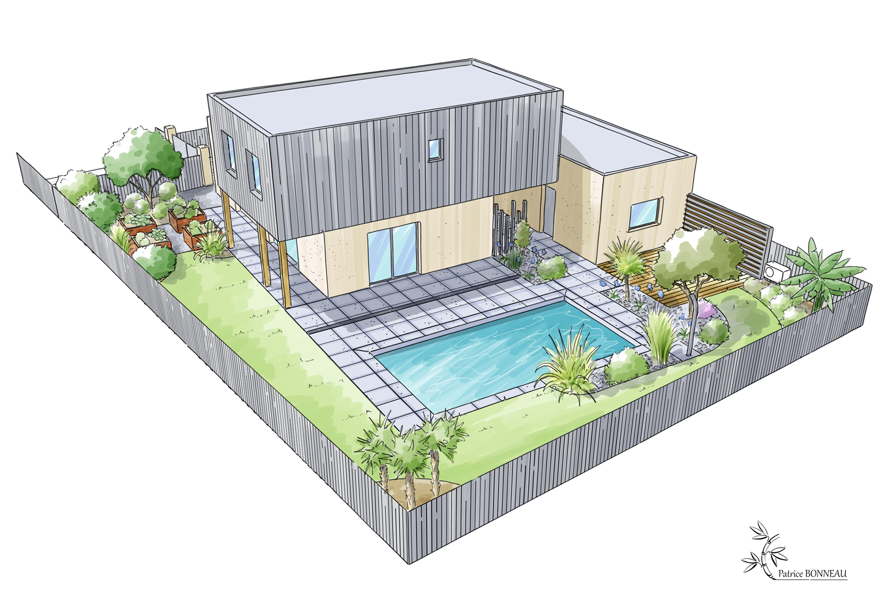 Perspective d'un aménagement de tour de piscine d'un jardin moderne